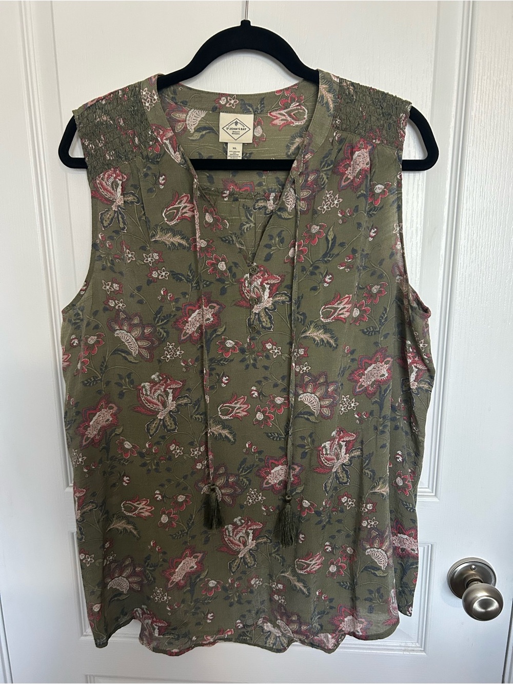 St. John's Bay Olive Floral Tassel Sleeveless Top